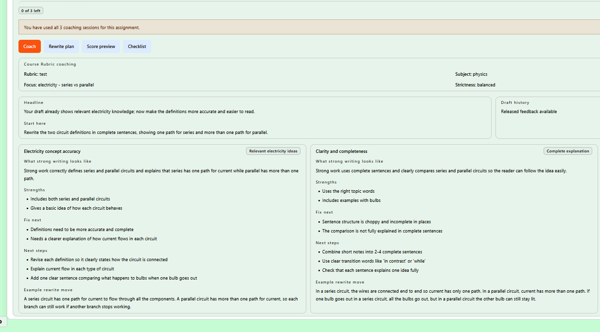 Assessment Engine modal showing generated questions ready for review and insertion