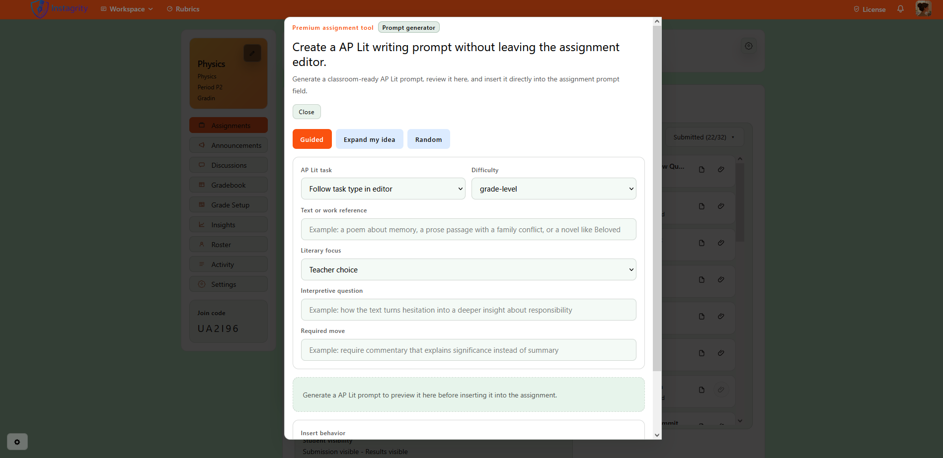 Student coaching workspace showing coaching tabs, rewrite guidance, and revision support
