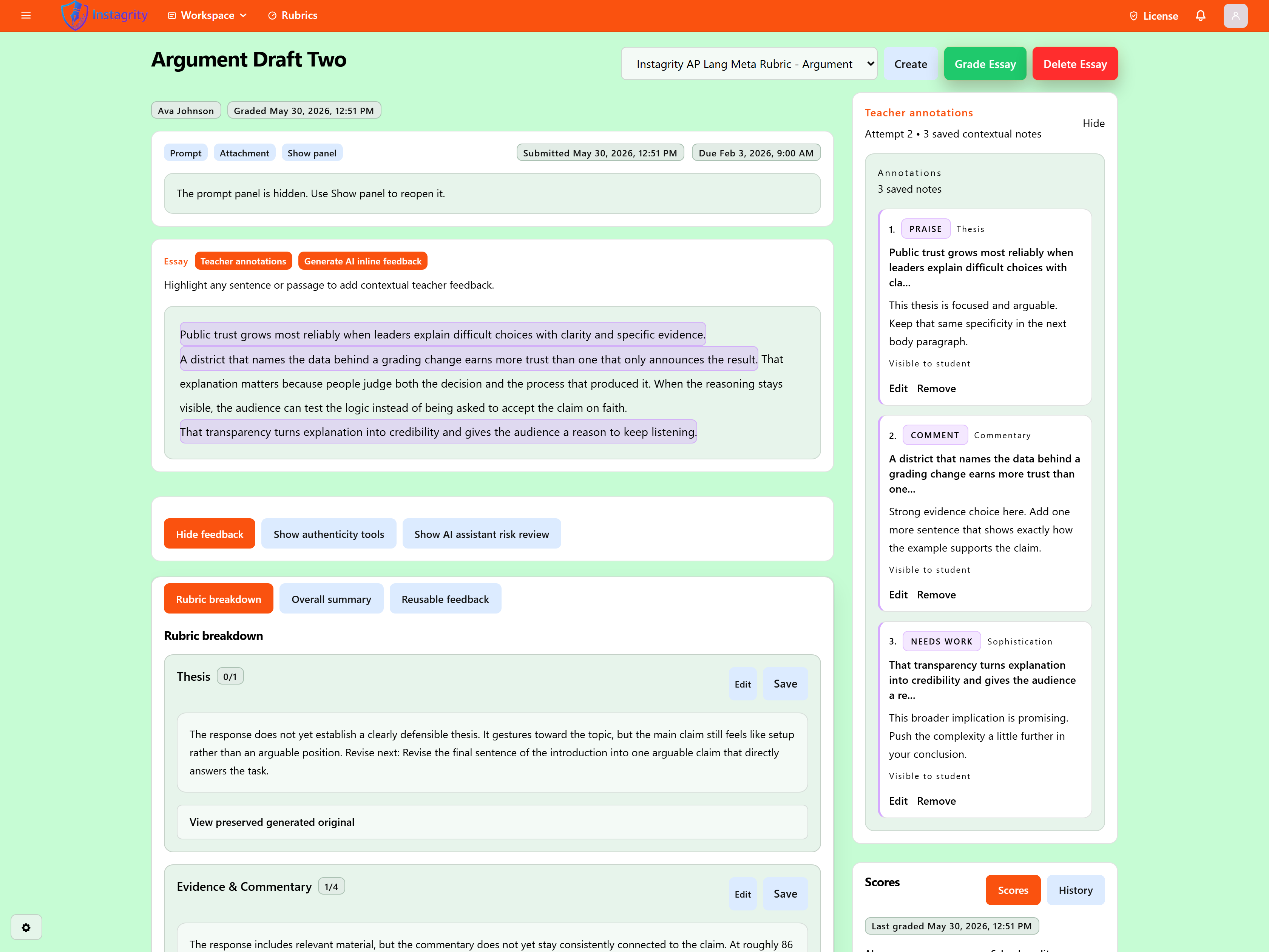 AP English essay review with annotations, rubric scoring, and feedback