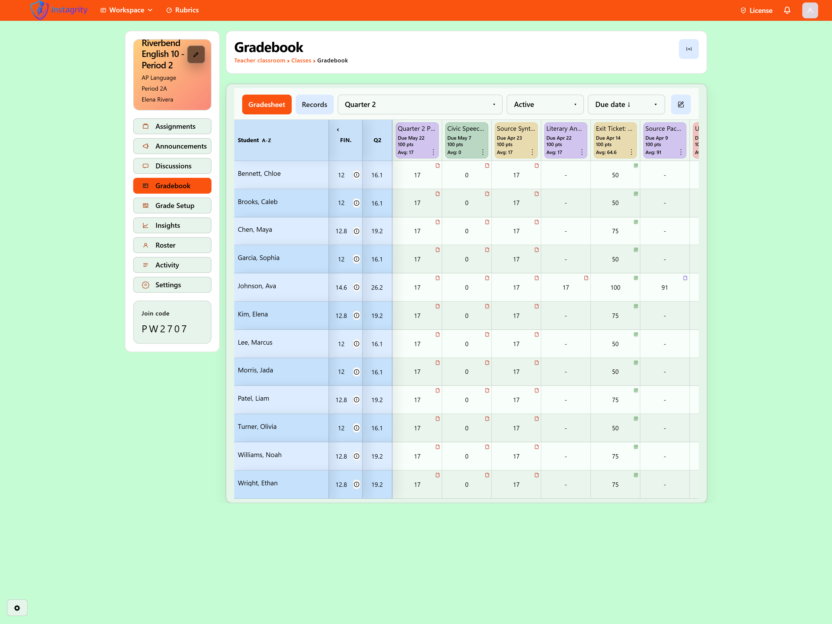 Teacher gradebook populated with scores across a full class